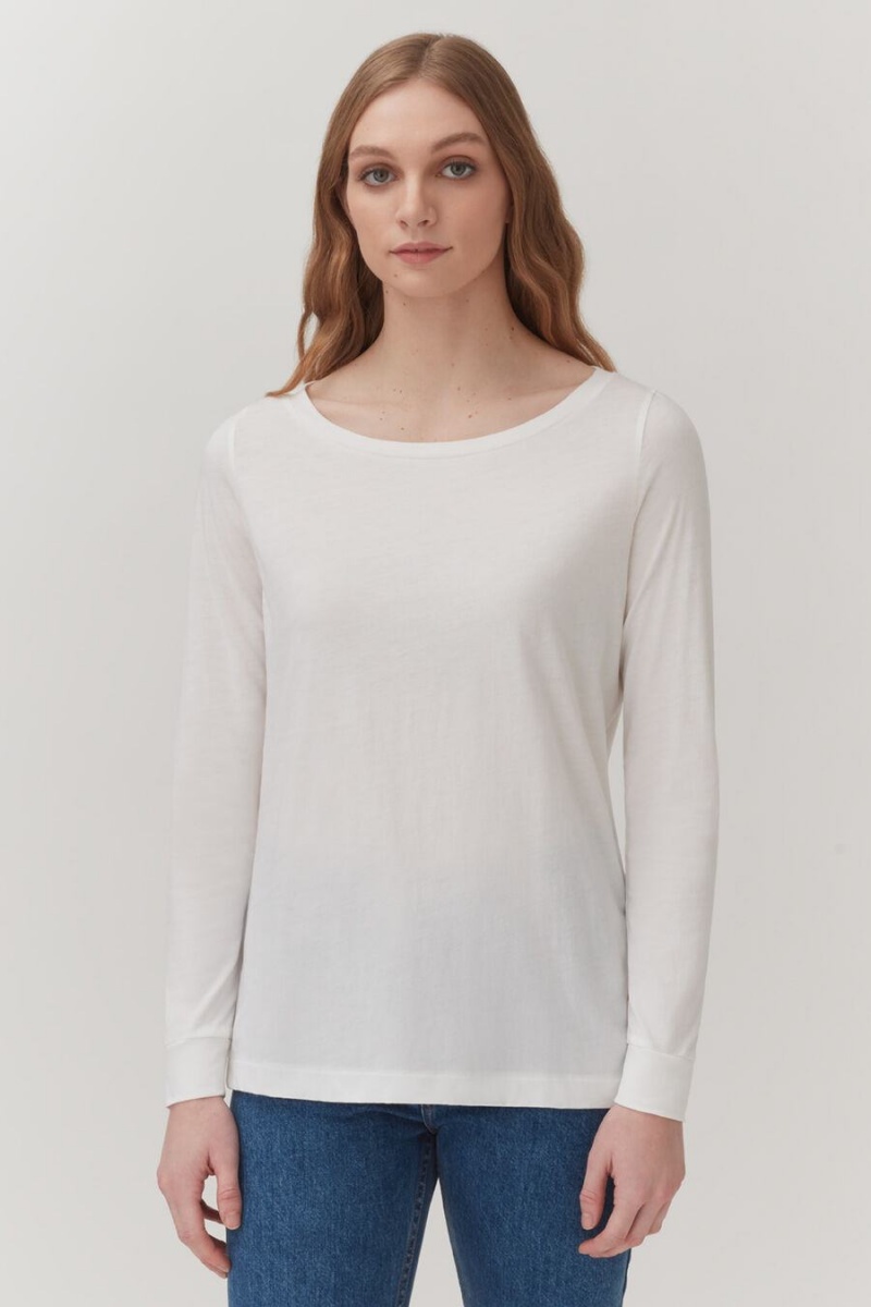 Koszulki Damskie Cuyana Pima Boatneck Long Sleeve Tee Białe | HSF309TH