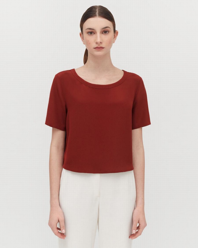 Koszulki Damskie Cuyana Silk Cropped Crewneck Tee Ciemny Czerwone | BFZ13100PG