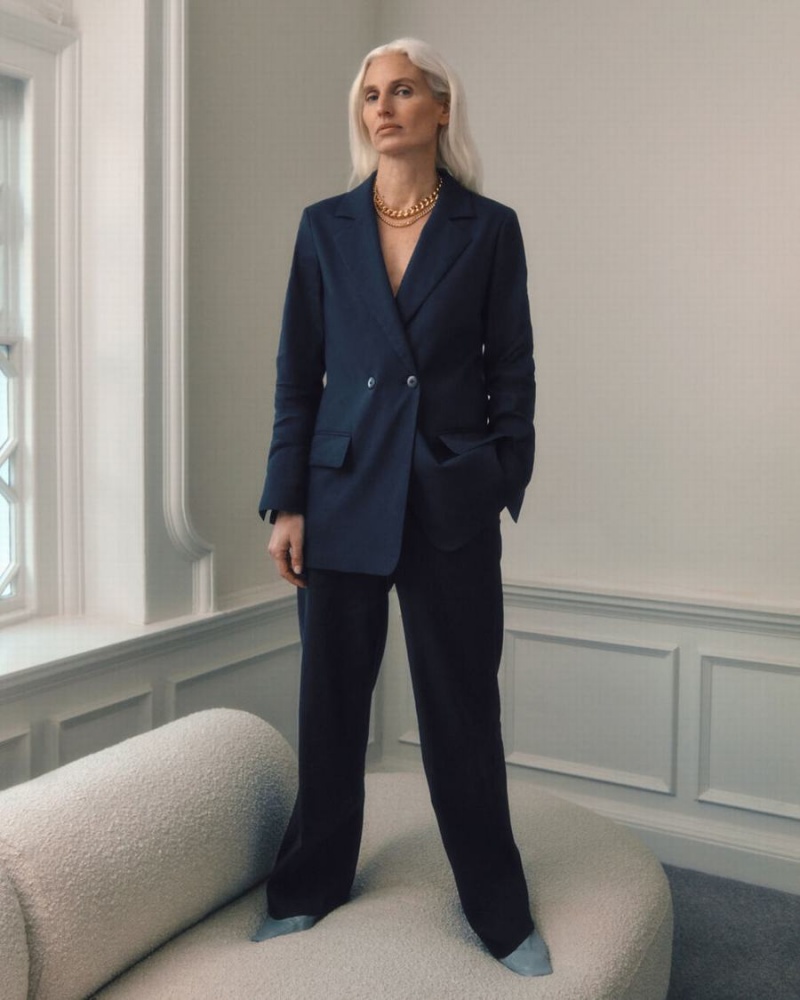 Spodnie Damskie Cuyana Linen Szerokie Leg Granatowe | KMX8512DM