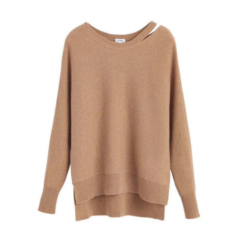 Swetry Damskie Cuyana Recycled Cashmere Split-Neck Brązowe | JRM696ZE